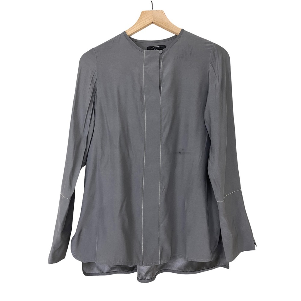 ๐ฃ 4 FOR $20 ๐ฃ Lafayette 148 Vneck Silk Elongated Cuff Blouse Silver Beaded XS - Picture 1 of 10